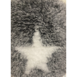 Vet bed grå med hvite stjerner og sorte pote avtrykk